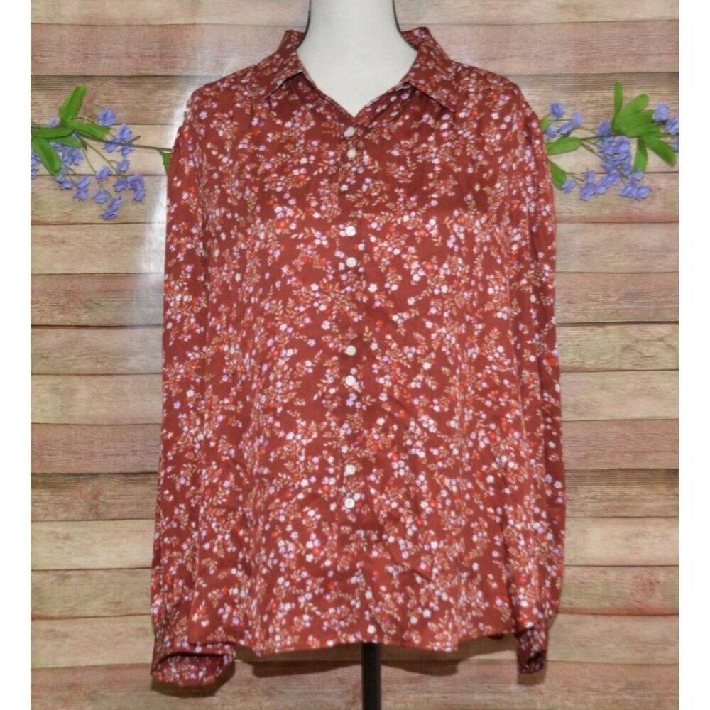 Ann Taylor Ladies Floral Rust Color Button Up Blouse Top Size XL Career Casual